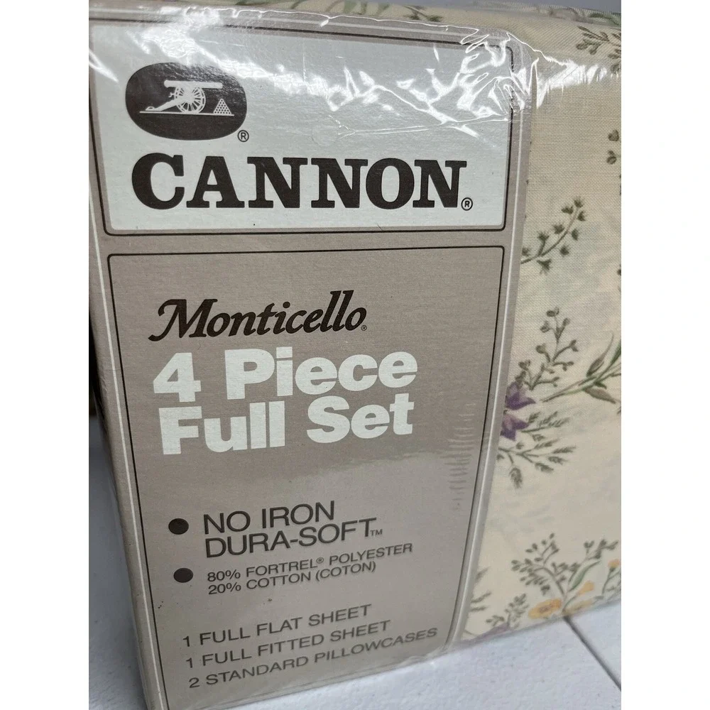 Vtg Cannon Monticello Elisa 4‎ Pc Full Sheet Set Flowers Flat Fitted Pillowcase